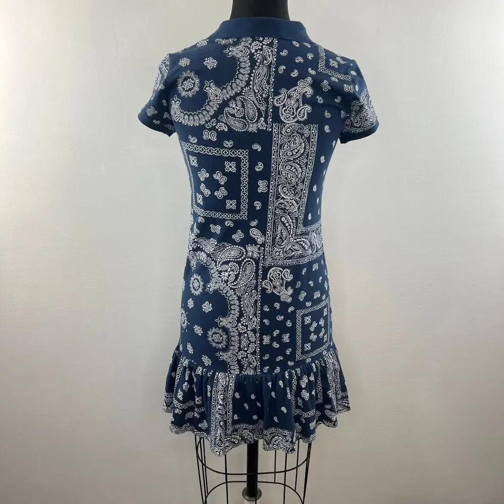 POLO RALPH LAUREN Blue White Cotton Bandana Print Short Sleeve Dress Girls XL